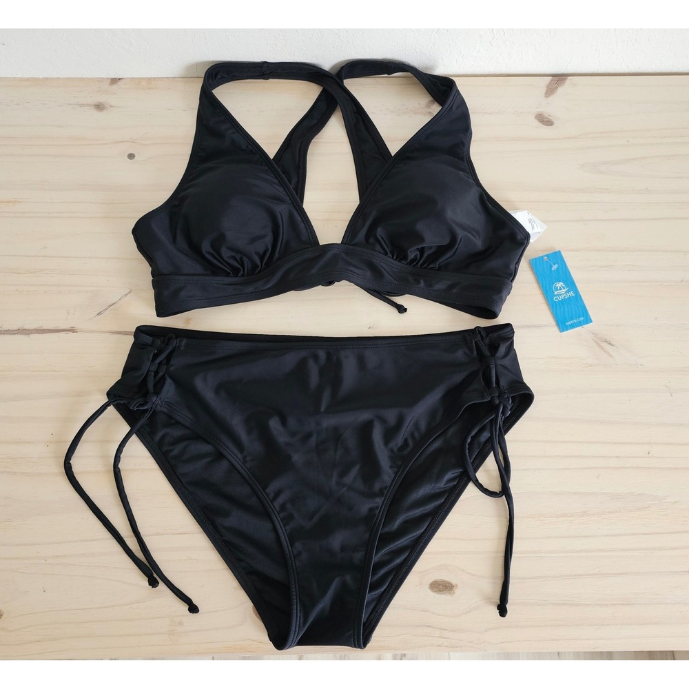 Cupshe Womens Black High Waisted Bikini Set Lace Up V-Neck Swimsuit Large NWT